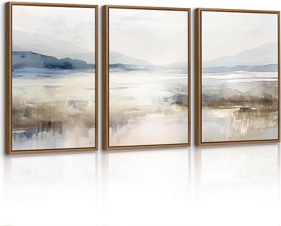 3 Pcs Abstract Mountain Lakes Framed Canvas Wall Art Set, Neutral Nature Landscape Wall Decor Misty Blue White Scenery Wall Painting Art Prints Pictures for Living Room Bedroom Office 30X40cmX3 Pcs