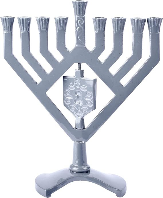 Ner Mitzvah Hanukkah Menorah with Spinning Dreidel, Fits All Standard Chanukah Candles, Silver Gray V Branch Rambam Style - Chanukah Menorah with Spinning Draydel, 7.5 High