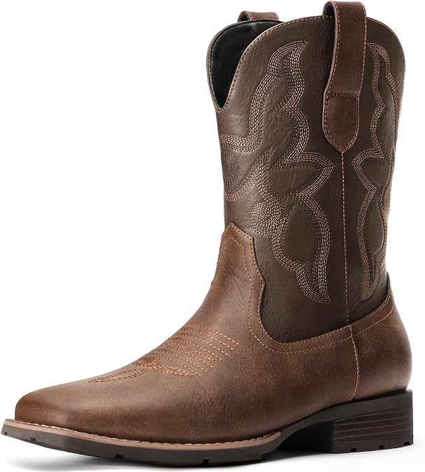 Cowboy Boots For Men - Brown Western Boot Men's Cowboy Boots With Square Toe | Cowboy Carter Western Boot | Pull-on Boots| Old West Style Embroidered Size 12.5