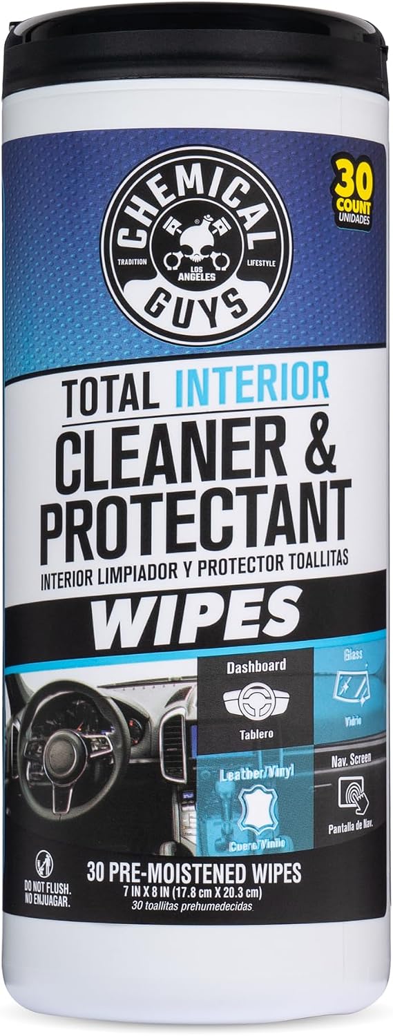 Chemical Guys, Total Interior Cleaner & Protectant Canister Wipes, 30 Count | Pre-moistened wipes clean and refresh dashboards, seats, trim and door panels on the go, thirty per canister