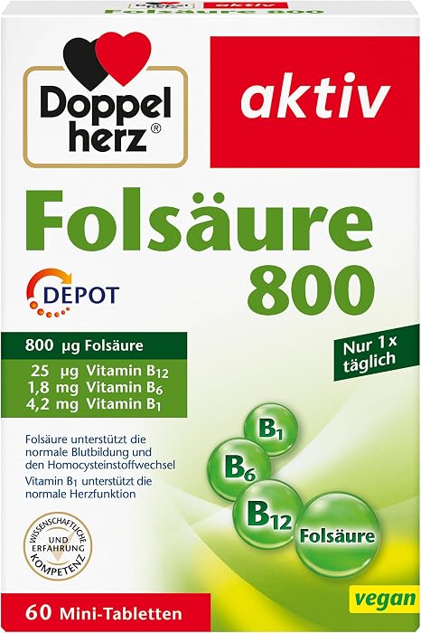 Doppelherz Folic Acid 800 Depot - With Vitamin C + B Vitamins to Support the Normal Function of the Immune System - Vegan - 60 Mini Tablets
