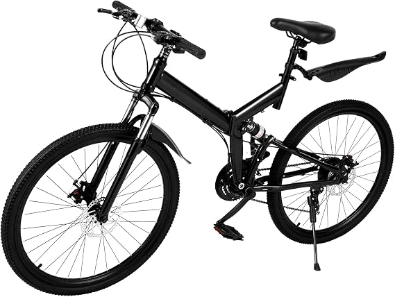 21-Speed Mountain Bike, 26" Wheel Height Adjustable Mountain Bicycle with Suspension, 19" Frame Carbon Steel Folding Bike with Double Disc Brakes, Load Capacity 150kg (Black)