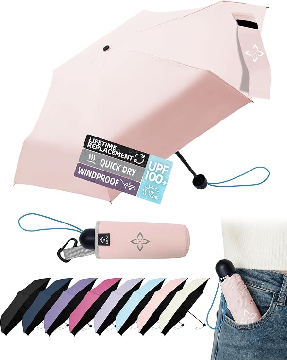 Mini Travel Umbrella for Rain - 43" Large Coverage Small Compact Umbrella, Reinforced Strong Frame, Lightweight Portable Parasol with UPF 100+ UV Protection, Gifts for Adults, Seniors & Students