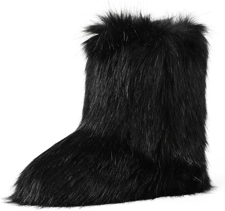 AMINUGAL Womens Faux Fur Boots Furry Fluffy Snow Booties Round Toe Winter Comfy Plush Flat Slip on Boot Warm Short Indoor Outdoor Shoes