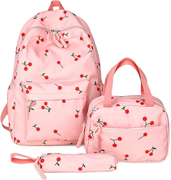 3 Pcs Girls Backpack for School, Backpack and Lunch Bag Set with Pencil Case, Cherry Print Bags for Students