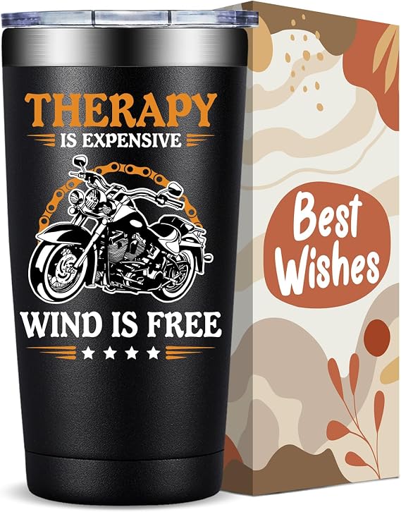 Fufandi Therapy Is Expensive Wind Is Free Motorcycle Gifts Tumbler, Motorcycle Gifts for Men - Christmas Fathers Day Gift for Motorcycle Lovers, Dad, Boyfriend - Tumbler Cup 20oz