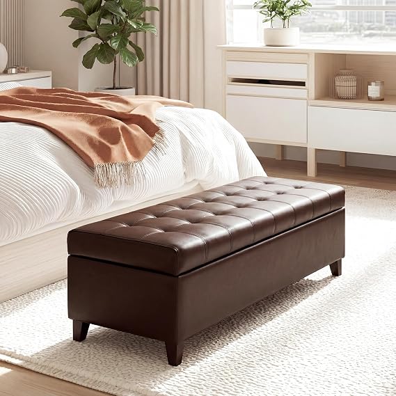 Joveco 51 Inch Storage Bench,Leather Tufted Storage Ottoman with Legs | Safety Hinges,Wooden Legs,Upholstered,End of Bed,Bedroom,Living Room,Entryway,330LBS,Brown