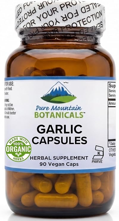 Pure Mountain Botanicals Garlic Capsules 500mg - 90 Veggie Capsules with Organic Garlic Bulbs - Vegan Kosher Gluten-Free Pills - Allium Sativum Herbal Supplement