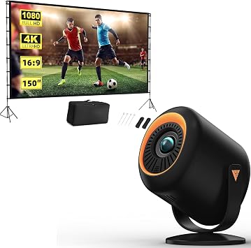 Vamvo Mini Projector with WiFi and Bluetooth 4K Support Combo 150 inch Projector Screen with Stand