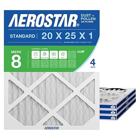 Aerostar 20x25x1 MERV 8 - 4 Count - High Efficiency Pleated HVAC, Furnace & Air Conditioner Filters - Removes Dust, Lint, Mold & Allergy-Causing Pollen