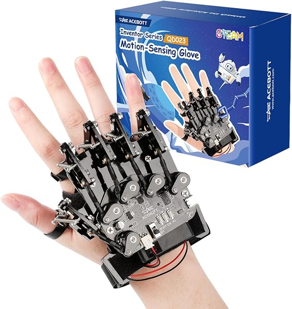 ESP32 Motion-Sensing Glove Supports Arduino, ACECode & Python,DIY Robotic Mechanical Hand STEM Toy Starter Kit Five Fingers Arm for Robot Kit Control, Science/Coding/Programming Set