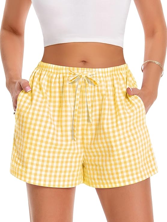 Women Boxer Shorts Gingham Drawstring Pajama Bottom Plaid Pants with Pocket