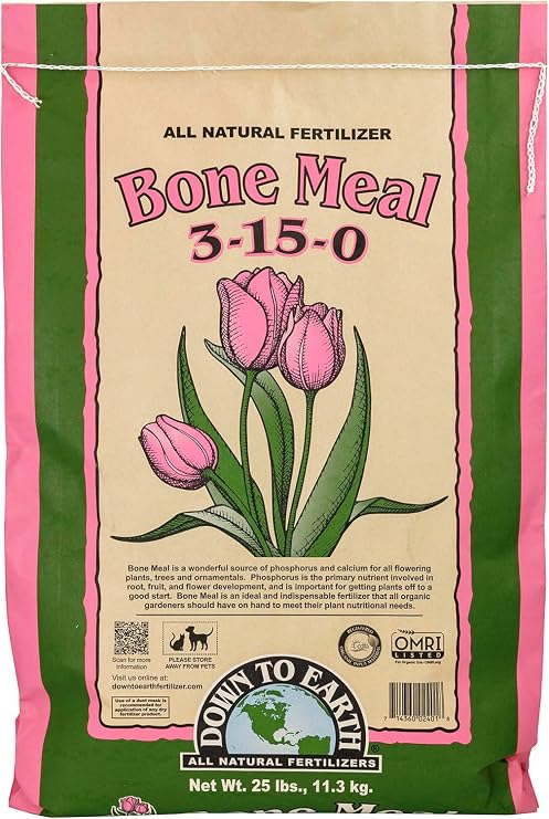 Down To Earth All Natural Fertilizers Organic Bone Meal - 3-15-0, 25 lb | High Phosphorus Plant Food for Buds, Bulbs, Blooms, Flowers, Onions, Garlic, Great Source of Calcium