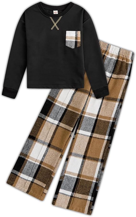 JiAmy Girls Clothes Sets Long Sleeve Plaid Pants with Pocket 2 Pcs Outfits