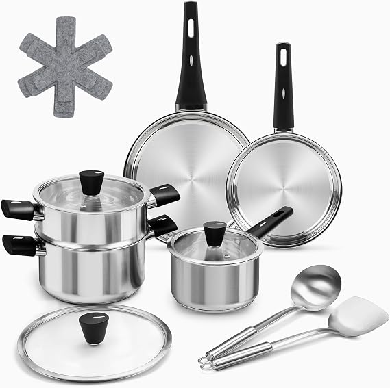 Stainless Steel Saucepan Set, 14-Piece Non Toxic Cookware Set with Stay-Cool Handle, Kitchen Induction Hob Pots and Pans Set with Steamer, PFOA/PFOS/PTFE Free, for All Stove