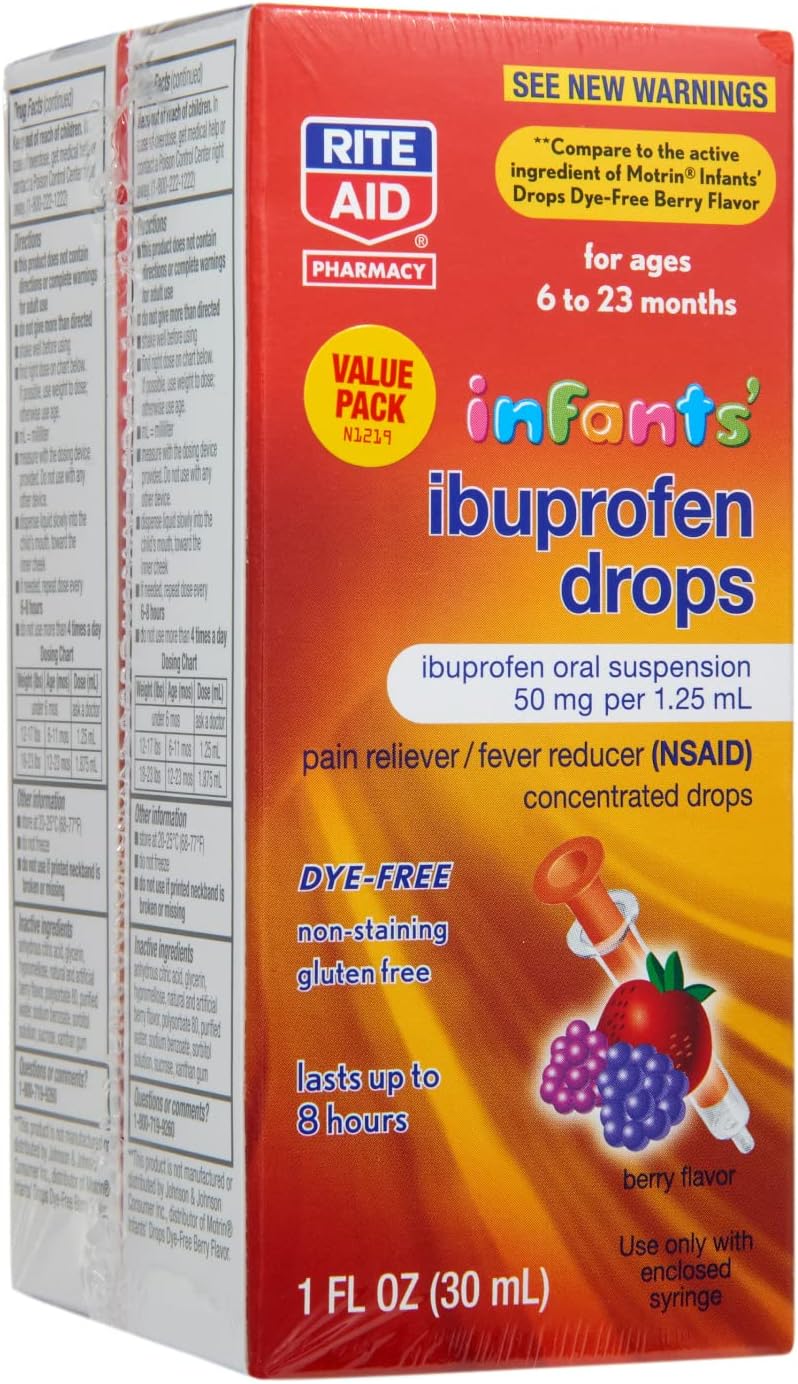 Rite Aid Infants' Dye-Free Ibuprofen Drops, Berry Flavor, 50 mg - 2 Value Pack | Infant Pain Reliever | for Babies Ages 6 to 23 Months | Oral Suspension 50 mg per 1.25 mL | Gluten Free