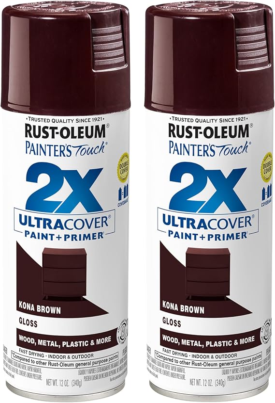 Rust-Oleum Painter's Touch 2X Ultra Cover Spray Paint, Gloss Kona Brown | Indoor and Outdoor Surfaces (Metal, Wood, Plastic), Fast Dry, Durable, Sprays from Any Angle, Comfort Tip, Oil Based