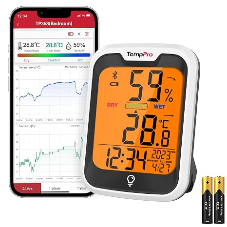 ThermoPro TP358 Internal Clock Thermometer Hygrometer, Bluetooth Digital Home Thermometer, Backlit Humidity Meter with Warning Function for Data Storage and Room