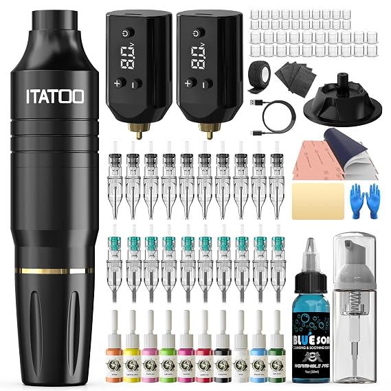 ITATOO Tattoo Gun Tattoo Kit, Wireless Tattoo Machine with 2PCS 1200mAh Power Supply, 20 Tattoo Needles, 10 Tattoo Ink Complete Tattoo Pen Kit for Artists WTK449