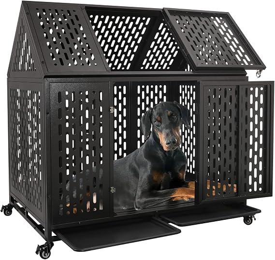 44 Inch Heavy Duty Dog Crate with Wheels, Indestructible Escape-Proof Dog Kennel with Reinforce Locks and Double Door, High Anxiety Cage Indoor for Large Medium Dog with Removable Tray