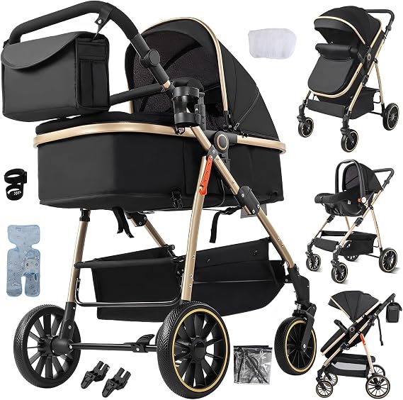 Magic ZC 3 in 1 Pushchair Pram, Baby Stroller 3 in 1 with Reversible Two Pushing Modes, Infant Newborn Buggy One-Click Folding, Toddler Carriage Aluminum Frame (V8 Black Gold)