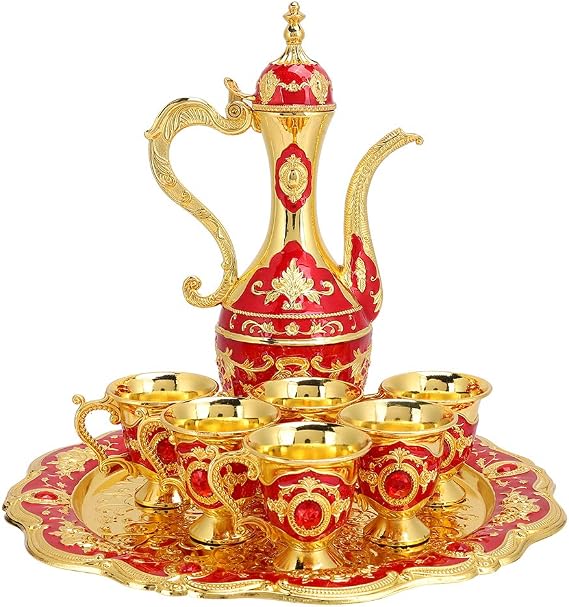 Turkish Coffee Pot Set Metal Turkish Tea Set with 6 Luxury Coffee Cups and Craft Tea Tray Teapot Set Home Art Crafts for Tea Coffee Tea Table Decor Wedding Gift(Gold & Red)