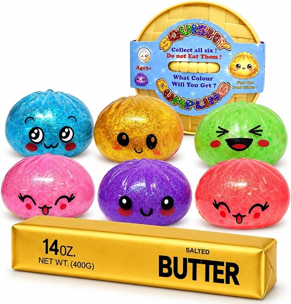 1x Random Glitter Squishy Dumpling with 1x Golden Butter Stick - Mystery Surprise Super Rare Golden Dumpling with Squishy Butter, Viral Dumpling Fidget Toys for Kids 3+