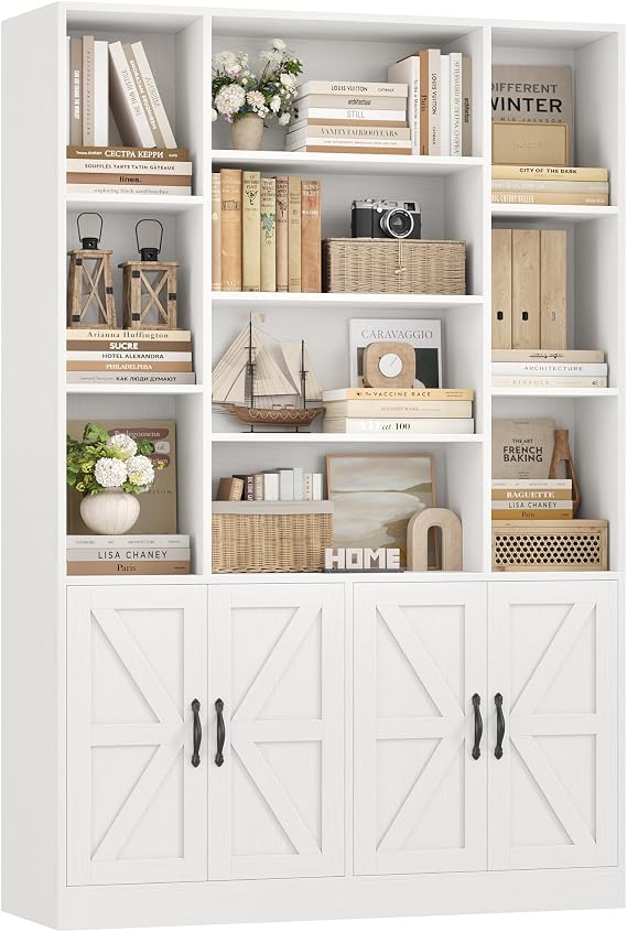 HOSTACK 72 Tall Book Shelf and Bookcase, White Bookshelf with Storage Cabinet, 45 Wide Bookcase with 4 doors, Standing Display Shelves, Modern Farmhouse Book Case for Living Room, Home Office, White
