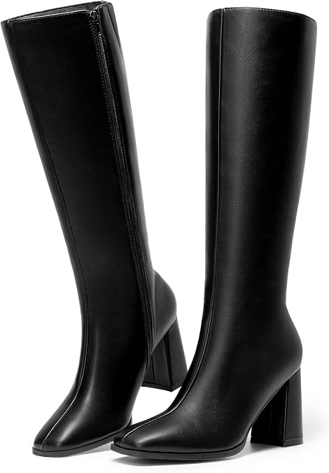 DREAM PAIRS Women's Knee High Square Toe Heel Boots | 3.35-in Chunky Block Heeled,Side Zipper,Anti-Slip Outsole,Faux Leather,Tall Long Boots for Fashion Dressy Party Daily