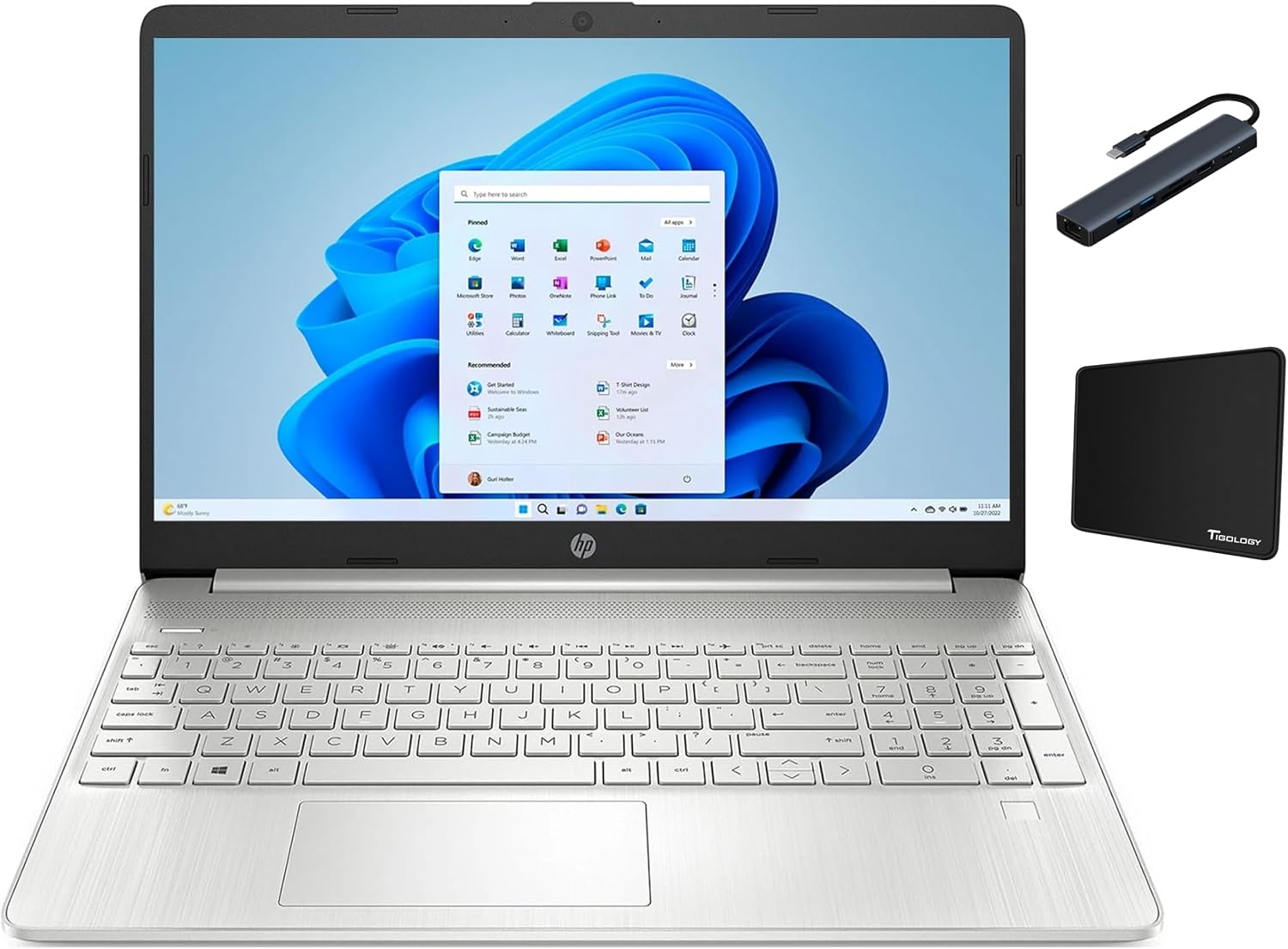 HP 15.6 FHD 1920 x 1080 Laptop, Intel Core i3-1115G4, 16GB RAM, 256GB SSD, Fingerprint Reader, Webcam, Wi-Fi, Windows 11 Home, Silver with Accessories