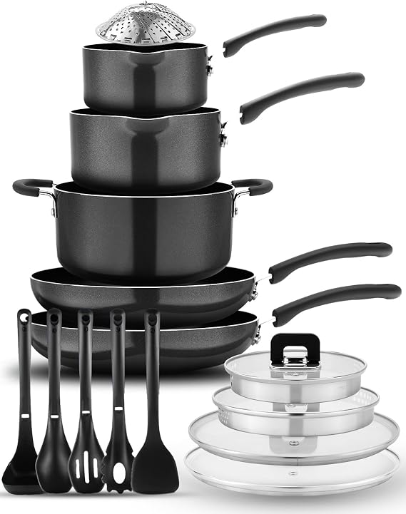 NutriChef 17-Piece Non-Stick Pans & Pots Set Space-Saving, Induction-Compatible, Foldable Knob, Black Cookware with Heat-Resistant Utensils for Kitchen & RV