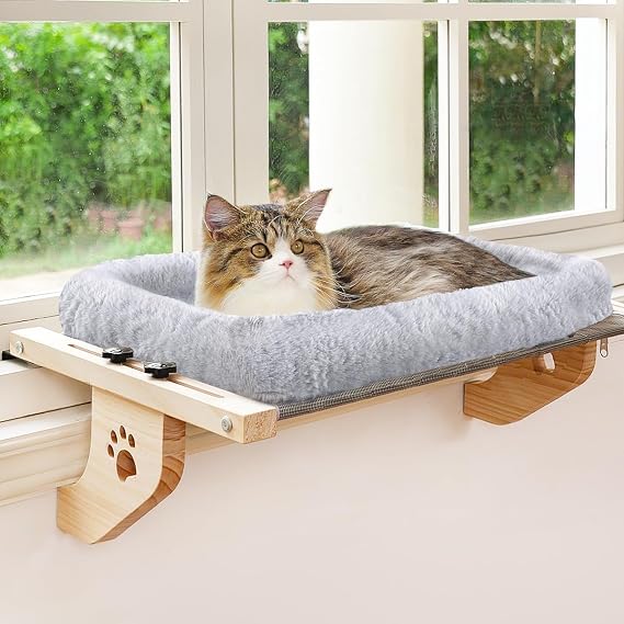 AMOSIJOY Wooden Cat Windowsill Perch with Zipper Cushion Bed, 24.4in