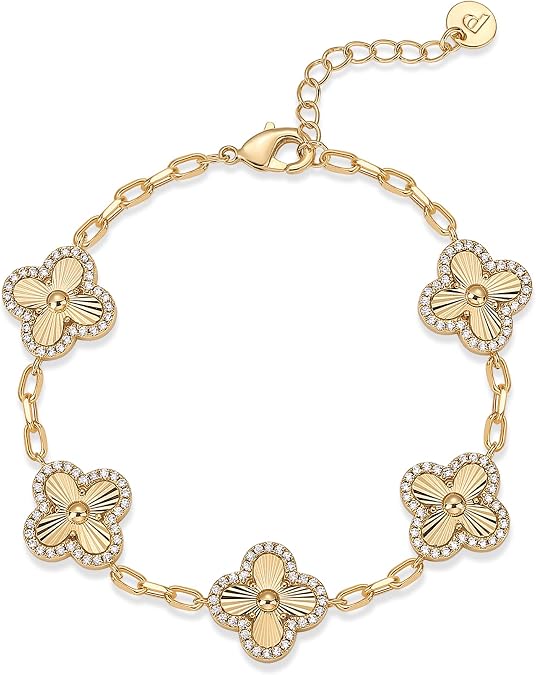 PAVOI 14K Gold Plated Clover Bracelet for Women, Stackable Clover Jewelry