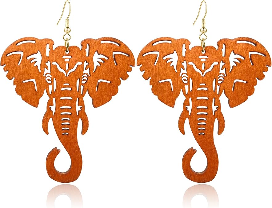 KaFu Lightweight Large Natural Wooden Dangle Earrings Ethnic Style African Elephant Drop Earrings for Women girls Bohemia Style Jewelry Earrings