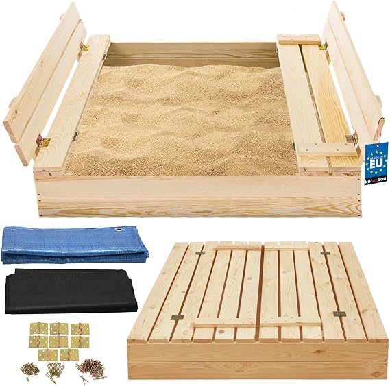 KOTARBAU Sandpit with Cover 100 x 100 cm Wooden Sand Box