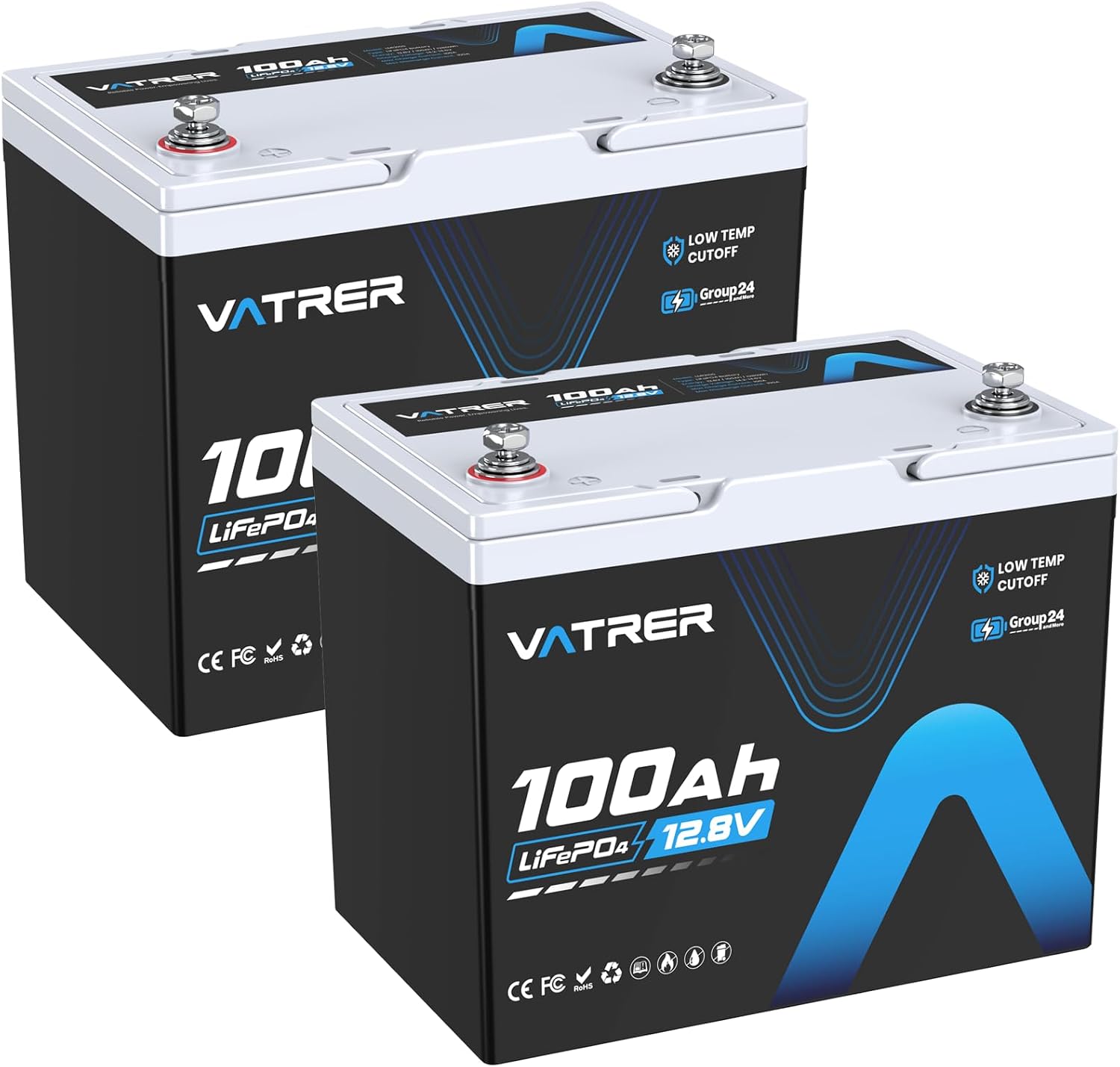 2Pack 12V 100Ah Group 24 Lithium Battery, 100A BMS Rechargeable LiFePO4 Battery, Low-Temperature Protection, 1.28kW Max Load Power for RVs, Boats, Off-Grid, Home Energy Storage, etc