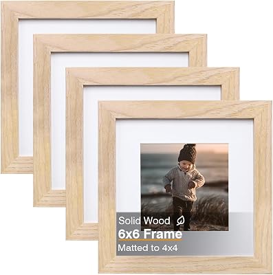 KINLINK 6x6 Picture Frame, Natural Square Solid Wood Frames for Pictures 4x4 with Mat or 6x6 without Mat, Wall and Tabletop Display Photo Frames Natural Wood 4 Pack