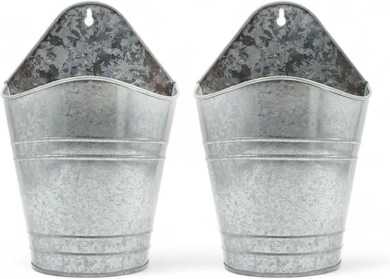 Hosley Set of 2 Galvanized Wall Planters, 10 Inch Hanging Metal Buckets for Indoor Outdoor Garden, Farmhouse Wall Decor, Rustic Patio & Balcony Planter Pots