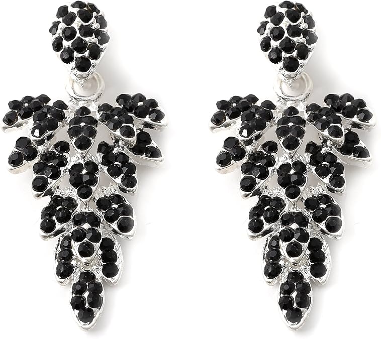 Silver Jet Rhinestone Leaf Shape Dangle Earrings