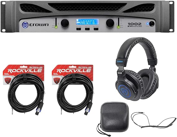 Crown Pro XTI1002 1000w Professional Power Amplifier Amp, Advanced DSP Bundle with (2) RockvilIe RCTS1425 1/4" TS to Speakon Speakers Cable & RockvilIe DJ1500 DJ Headphones with Ear Pad (3 Items)