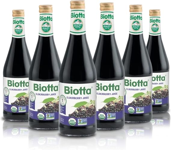 Biotta Organic Elderberry Juice - Naturally Sweetened Fruit Juice For Optimal Immune Support Function - With Immunity Boosting Elderberries - Good Source of Potassium (16.9 Fl Oz, Pk of 6)