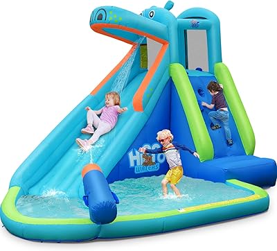BOUNTECH Inflatable Water Slide, Hippo Water Slide Park Jump Castle Bounce House wLong Slide, Climbing, Water Cannon, Splash Pool, Backyard Blow up Hippo Water Slides Inflatables for Kids Outdoor