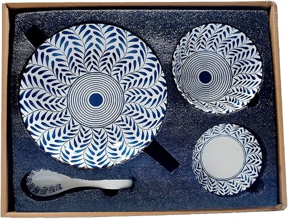 WF Ceramic Dinnerware Sets 4 Piece, Chinese Blue and White Porcelain, Dishes, Bowl, Spoon, Dishwasher Microwave safe, Underglaze Colour Vintage Blue