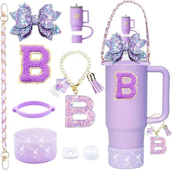 9PCS Bling Stanley Cup Accessories for 30oz & 40oz Tumbler with handle,Including Initials Charm,Leather Handle Strap,Straw Bow Decorate,Straw Topper,Boot,Spill Proof Stopper,Sticker(Purple B)