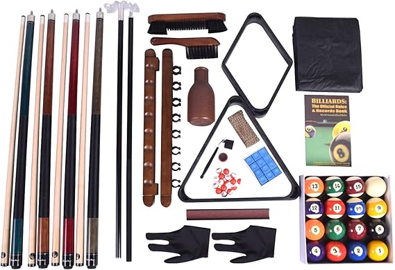 Complete 21-Piece Billiard Accessories Kit with 4pcs 58" Canadian Maple Cues, 2-1/4" Balls, Dual Racks, Cue Rack & Table Cover All-in-One Pool Table Starter Set for Home Game Room