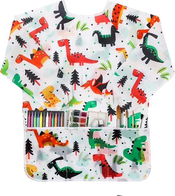 Kids Art Smocks Dinosaur Painting Aprons for Children Waterproof Artist Smock with Long Sleeve and 3 Pockets for Age 3-8 Years (White)