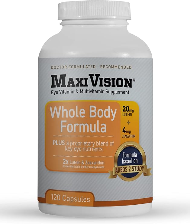 MaxiVision AREDS 2 Whole Body Formula - AREDS 2 Eye Vitamins w/Lutein and Zeaxanthin - for Macular Support - Eye Supplements for Eye Strain - 120 Capsules Count, 1 Bottle