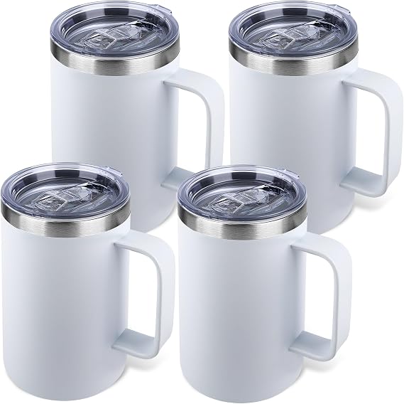 22oz Insulated Coffee Mug with Handle & Leak-Proof Lid - Double Wall Stainless Steel Travel Tumbler Bulk for Commute/Office/Home, White, 4 Pack