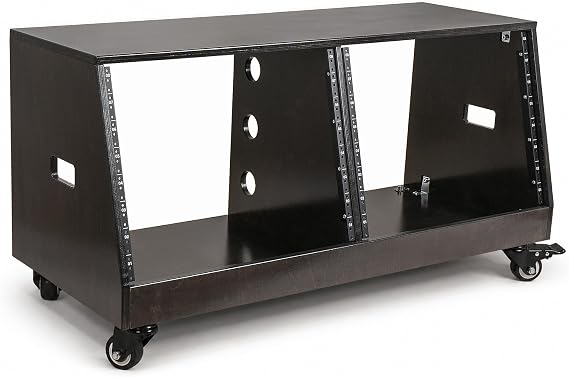 Sound Town DIY 2 x 8U Slanted Double-Bay Studio Rack with Casters for Home Studio and Recording Room, Baltic Birch Plywood, Black Espresso (SDRK-D8TD)