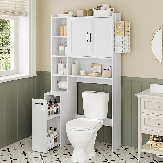 UPOSOJA Over The Toilet Storage Cabinet with Pulley Bathroom Storage Cabinet, White-Type B